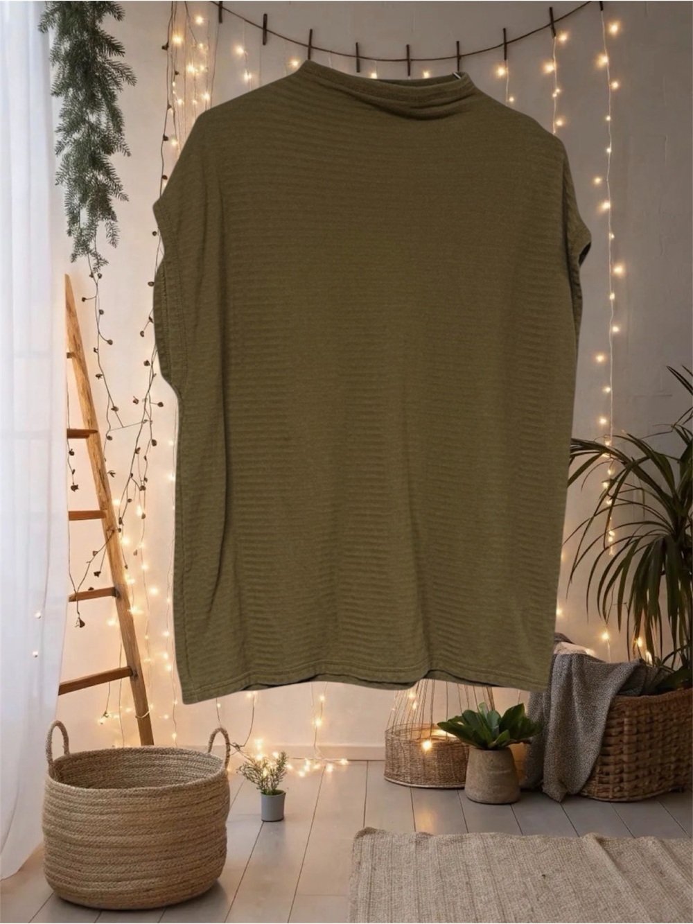 Madewell Olive green Oversized Ribbed Zigzag Pattern Funnelneck Tunic Top small